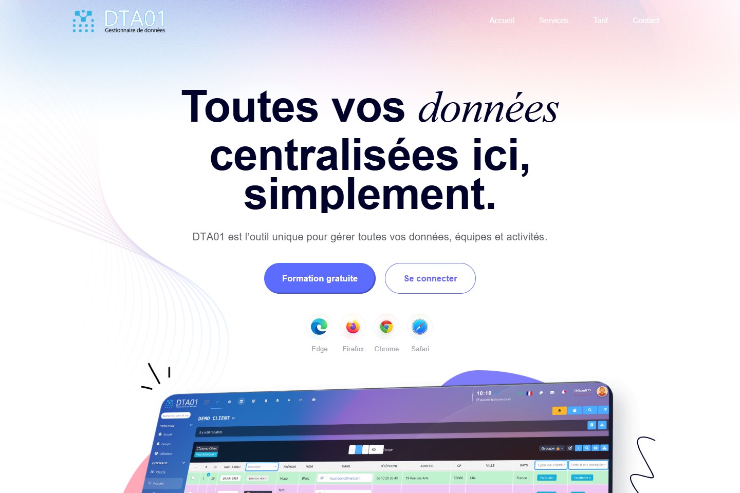 Aperçu du CRM DTA01 et de son interface de gestion