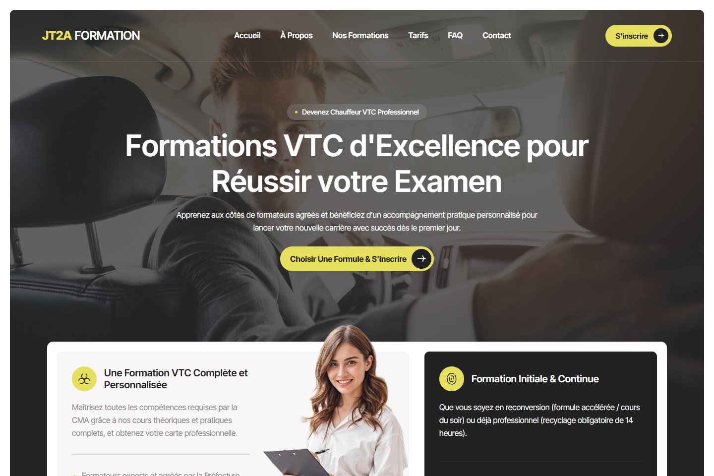 Aperçu du site JT2A Formation : accueil et présentation des formations VTC